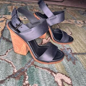 Vince Wood Block Heel Black Leather Sandals